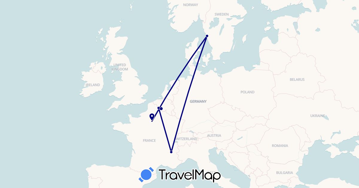 TravelMap itinerary: driving in France, Sweden (Europe)